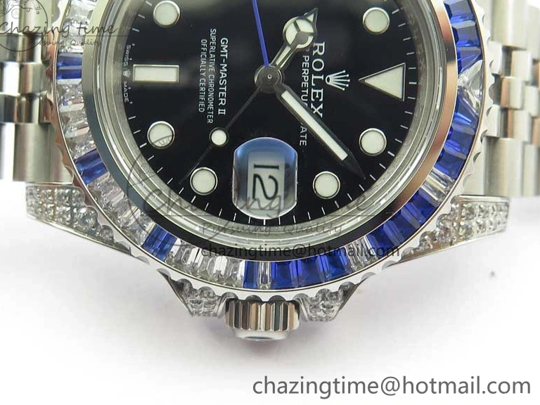 MiroTime 0401 GMT-Master II White Blue Diamonds Bezel 904L Steel GMF Best Edition Black Dial On Jubilee Bracelet SA3285 CHS V Original 2579